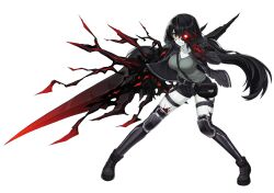 Rule 34 | absurdres, black footwear, black hair, clenched teeth, corruption, counter:side, full body, glowing, glowing eye, highres, holding, holding weapon, long hair, long sleeves, official art, pale skin, red eyes, short shorts, shorts, solo, spira (counter:side), teeth, transparent background, weapon
