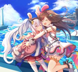 Rule 34 | 2girls, absurdres, animal ears, azur lane, bare shoulders, blue sky, brown hair, check commentary, closed eyes, closed mouth, commentary, commentary request, crossover, day, detached collar, dock, frilled skirt, frills, hair between eyes, hairband, heart, highres, hug, huge filesize, jacket, kizuna ai, kizuna ai (anniversary), kizuna ai (anniversary) (azur lane), kizuna ai inc., laffey (azur lane), lighthouse, long hair, long sleeves, looking at another, multicolored hair, multiple girls, ocean, one eye closed, open mouth, outdoors, pleated skirt, rabbit ears, red eyes, silver hair, skirt, sky, sleeveless, sleeves past wrists, standing, standing on one leg, streaked hair, sunlight, thigh strap, thighhighs, twintails, umika35, very long hair, virtual youtuber, white footwear, white legwear, wrist cuffs