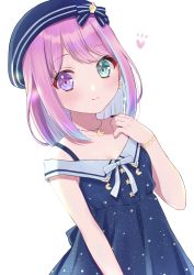 Rule 34 | 1girl, absurdres, beret, blue dress, blue hat, blush, bob cut, bracelet, closed mouth, colored inner hair, crescent, crescent earrings, dress, earrings, gradient hair, green eyes, hand on own chest, hat, heterochromia, highres, himemori luna, himemori luna (sundress), hololive, jewelry, kabi akaru, light smile, looking at viewer, multicolored hair, off-shoulder dress, off shoulder, pink hair, purple eyes, purple hair, short hair, simple background, smile, solo, virtual youtuber, white background