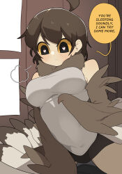 Rule 34 | 1girl, absurdres, ahoge, bare shoulders, black eyes, black skirt, blush, breasts, brown feathers, brown hair, brown wings, colored sclera, commentary, english commentary, english text, feathers, gomulgong, grey feathers, harpy, heart, heart-shaped pupils, highres, medium breasts, medium hair, monster girl, neck fur, original, owl girl, owl girl (gomulgong), shirt, short hair, skirt, sleeveless, sleeveless shirt, solo, speech bubble, symbol-shaped pupils, winged arms, wings, yellow sclera
