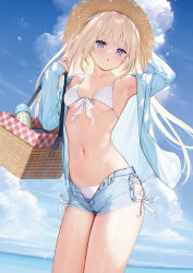 Rule 34 | 1girl, armpits, basket, bikini, bikini under clothes, blonde hair, blue sky, breasts, cloud, cloudy sky, collarbone, highres, holding, looking at viewer, mignon, navel, ocean, original, short shorts, shorts, simple background, sky, small breasts, solo, stomach, swimsuit, water