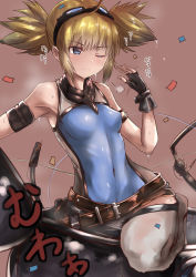 Rule 34 | 10s, 1girl, ahoge, armlet, bare shoulders, belt, black gloves, blonde hair, blue eyes, blush, confetti, covered navel, fanning face, fingerless gloves, gloves, goggles, goggles on head, granblue fantasy, hot, one eye closed, pengie, short hair, short twintails, shorts, smile, solo, sweat, tai (nazutai), twintails