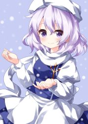 Rule 34 | 1girl, apron, blue background, blue skirt, blue vest, closed mouth, highres, letty whiterock, looking at viewer, medium hair, polearm, puffy sleeves, purple eyes, purple hair, ruu (tksymkw), scarf, shirt, simple background, skirt, smile, snow, snowing, solo, standing, touhou, trident, vest, waist apron, weapon, white apron, white headwear, white scarf, white shirt