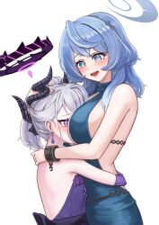 Rule 34 | 2girls, absurdres, ako (blue archive), ako (dress) (blue archive), black horns, blue archive, blue eyes, blue hair, blush, breasts, cuffs, dangle earrings, demon horns, dress, earrings, elbow gloves, gloves, grey hair, handcuffs, highres, hina (blue archive), hina (dress) (blue archive), horns, ilbanseomin, jewelry, large breasts, long hair, multiple girls, multiple horns, official alternate costume, official alternate hairstyle, open mouth, purple dress, purple eyes, purple gloves, sideboob, simple background, sleeveless, sleeveless dress, smile, strapless, strapless dress, white background, yuri