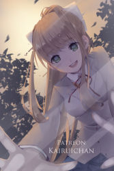 Rule 34 | 1girl, :d, anna lee, backlighting, blazer, blue skirt, blush, bow, breasts, brown hair, collared shirt, cowboy shot, day, doki doki literature club, foreshortening, from below, glitch, green eyes, hair bow, jacket, leaning forward, long hair, long sleeves, looking at viewer, medium breasts, monika (doki doki literature club), neck ribbon, open mouth, outdoors, outstretched arms, patreon username, pleated skirt, ponytail, red ribbon, ribbon, round teeth, school uniform, shirt, sidelocks, skirt, smile, solo, standing, sun, teeth, tree, vest, white bow, white ribbon, white shirt, wing collar