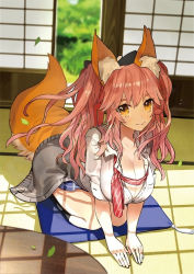 Rule 34 | 10s, 1girl, animal ears, black socks, blush, bow, breasts, cleavage, fate/extella, fate/extra, fate (series), fox ears, fox tail, fusuma, hair bow, kneehighs, large breasts, leaf, long hair, non-web source, official alternate costume, pink hair, plaid, plaid skirt, seiza, shadow, sitting, skirt, sliding doors, smile, socks, solo, table, tail, tamamo (fate), tamamo no mae (fate/extra), twintails, unbuttoned, wada arco, yellow eyes
