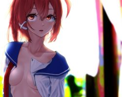 Rule 34 | 1girl, blue sailor collar, breasts, eyelashes, hair between eyes, hair ribbon, highres, i-168 (kancolle), kantai collection, long hair, medium breasts, open clothes, open shirt, parted lips, ponytail, red eyes, red hair, ribbon, sailor collar, shide kouri, sideboob, solo, upper body, white ribbon