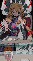 Rule 34 | 1girl, blonde hair, bow, commentary request, cup, dress, drinking glass, eyeball, glass table, hair bow, hairband, hand up, hat, hat ribbon, highres, long hair, long sleeves, looking at viewer, mob cap, napkin, neruzou, on chair, one eye closed, parted lips, placemat, purple tabard, reaching, reaching towards viewer, recolored, red bow, red hairband, red ribbon, ribbon, sitting, sleeve cuffs, smile, solo, tabard, table, touhou, trigram, white dress, white headwear, wide sleeves, wine glass, yakumo yukari, yellow eyes