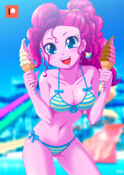 Rule 34 | 1girl, bikini, blue eyes, breasts, colored skin, earrings, food, hair tie, ice cream, jewelry, large breasts, my little pony, my little pony: equestria girls, my little pony: friendship is magic, personification, pink hair, pink skin, pinkie pie, ponytail, side-tie bikini bottom, solo, striped bikini, striped clothes, swimsuit, uotapo