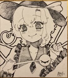 Rule 34 | 1girl, closed mouth, collarbone, commentary request, greyscale, hat, hat ribbon, highres, komeiji koishi, long sleeves, looking at viewer, monochrome, ribbon, shikishi, short hair, signature, simple background, smile, solo, touhou, traditional media, upper body, yomogi 0001