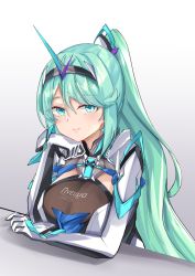 Rule 34 | 1girl, breasts, chest jewel, earrings, gloves, gradient background, green eyes, green hair, grey background, head rest, highres, jewelry, large breasts, long hair, looking at viewer, pneuma (xenoblade), ponytail, sarasadou dan, solo, spoilers, swept bangs, tiara, very long hair, white background, xenoblade chronicles (series), xenoblade chronicles 2