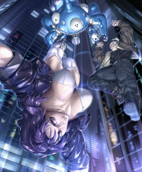 Rule 34 | 1boy, 1girl, 702 96, absurdres, batou (gits), breasts, building, falling, ghost in the shell, highres, jacket, kusanagi motoko, large breasts, medium hair, pants, purple eyes, red eyes, shoes, skyscraper, smile, tachikoma, thick thighs, thighhighs, thighs, toned, upside-down