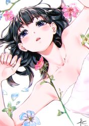 Rule 34 | 1girl, absurdres, armpits, black hair, blue flower, blush, breasts, collarbone, commentary request, dated, eyelashes, flower, green flower, highres, long hair, looking at viewer, lying, naked towel, on back, open mouth, original, petals, pink flower, ppchen, purple eyes, signature, small breasts, solo, teeth, towel, upper body, upper teeth only