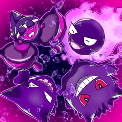Rule 34 | animal focus, artist request, black eyes, crazy eyes, creatures (company), evolutionary line, fang, fangs, floating, full body, game freak, gastly, gen 1 pokemon, gen 9 pokemon, gengar, grey background, grin, haunter, legendary pokemon, looking at viewer, nintendo, no humans, open mouth, pecharunt, poison, pokemon, pokemon (creature), skin fang, smile, teeth, tongue, tongue out