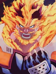 Rule 34 | 1boy, bad id, bad twitter id, beard, blue bodysuit, blue eyes, bodysuit, boku no hero academia, endeavor (boku no hero academia), facial hair, fingerless gloves, fire, gloves, highres, kei (ahan uhun 345), looking at viewer, male focus, mature male, muscular, muscular male, pectorals, red hair, scar, scar across eye, scar on face, short hair, sideburns, solo, spiked hair, upper body