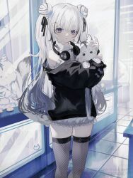 Rule 34 | 1girl, black jacket, closed mouth, collar, commission, double bun, expressionless, fishnet thighhighs, fishnets, grey eyes, grey hair, hair bun, headphones, headphones around neck, highres, holding, holding stuffed toy, indoors, jacket, long hair, long sleeves, looking at viewer, multicolored hair, original, shirt, shou (mori boro), skeb commission, solo, standing, streaked hair, stuffed animal, stuffed toy, thighhighs, tile floor, tiles, twintails, twitter username, watermark, white collar, white hair, white shirt