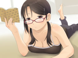 Rule 34 | 1girl, bad anatomy, barefoot, black eyes, book, breasts, brown eyes, brown hair, cleavage, glasses, hair ornament, hairclip, large breasts, lying, meow (nekodenki), on stomach, open book, original, reading, red-framed eyewear, solo, tank top, twintails