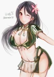 Rule 34 | 10s, 1girl, amagi (kancolle), black hair, blush, breasts, brown eyes, brown hair, cleavage, female focus, flower, hair flower, hair ornament, hatoneko, kantai collection, large breasts, long hair, looking at viewer, miniskirt, mole, mole under eye, navel, one eye closed, simple background, skirt, smile, solo
