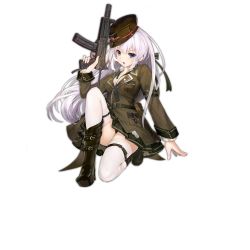 Rule 34 | 1girl, artist request, blue eyes, boots, breasts, cleavage, full body, girls&#039; frontline, gun, hair ribbon, hat, long hair, looking at viewer, military, military uniform, official art, on one knee, ots-39, ots-39 (girls&#039; frontline), panties, pantyshot, ribbon, silver hair, skirt, solo, submachine gun, thigh strap, thighhighs, transparent background, trigger discipline, underwear, uniform, weapon, white thighhighs