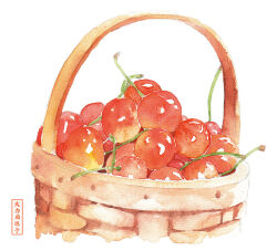Rule 34 | 392610595, artist name, basket, cherry, food, food focus, fruit, highres, no humans, original, painting (medium), reflection, simple background, still life, traditional media, watercolor (medium), white background