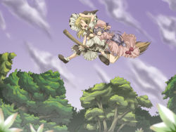 Rule 34 | 2girls, blush, broom, broom riding, dress, female focus, flying, forest, hat, kirisame marisa, multiple girls, multiple riders, nature, outdoors, patchouli knowledge, plant, sky, touhou, witch, witch hat