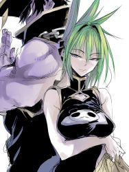 Rule 34 | 1boy, 1girl, artist request, breasts, chinese clothes, dress, green hair, hat, highres, large breasts, looking at viewer, muscular, shaman king, smile, tao jun, zombie