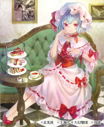 Rule 34 | 1girl, ama-tou, ascot, bow, brooch, cake, checkered floor, cherry tomato, choker, corset, couch, cup, dress, embellished costume, food, full body, green upholstery, hat, hat ribbon, indoors, jewelry, macaron, mob cap, no socks, painting (object), pastry, pink dress, red eyes, red footwear, remilia scarlet, ribbon, ribbon-trimmed clothes, ribbon choker, ribbon trim, sandwich, saucer, shoes, short sleeves, sitting, smile, solo, spoon, table, teacup, tiered serving stand, tiered tray, tile floor, tiles, tomato, touhou, tufted upholstery, wide sleeves, wrist cuffs