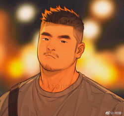 Rule 34 | 1boy, black eyes, blouse, brown hair, city lights, closed mouth, facial hair, grey shirt, looking at viewer, male focus, mustache, original, portrait, profile picture, realistic, shirt, solo, spiked hair, strap, stubble, t-shirt, thick eyebrows, undercut, xian miao