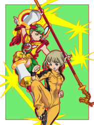 Rule 34 | 10s, 2girls, blonde hair, bruce lee&#039;s jumpsuit, chinese clothes, detached sleeves, dragon kid, dual persona, fighting stance, green eyes, green hair, hat, highres, huang baoling, multiple girls, nittama, shoes, short hair, shorts, sneakers, staff, superhero costume, thighhighs, tiger &amp; bunny