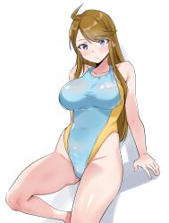 Rule 34 | 1girl, absurdres, ahoge, arm support, bare shoulders, blue eyes, blush, breasts, brown hair, closed mouth, collarbone, dot nose, highres, idolmaster, idolmaster million live!, idolmaster million live! theater days, knee up, large breasts, long hair, looking at viewer, simple background, sitting, solo, swept bangs, takahiro (crimson bolt), tokoro megumi, two-tone one-piece swimsuit, white background