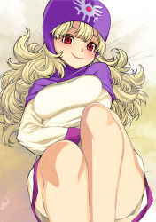 Rule 34 | 1girl, absurdres, blonde hair, breasts, closed mouth, curly hair, dragon quest, dragon quest ii, dress, highres, hood, long hair, looking at viewer, muramasa mikado, princess, princess of moonbrook, red eyes, robe, smile, solo