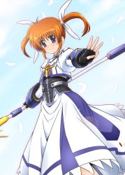 Rule 34 | 1girl, announcement celebration, blush, brown hair, cropped jacket, diesel-turbo, dress, feathers, fingerless gloves, gauntlets, gloves, hair ribbon, jacket, juliet sleeves, long sleeves, looking at viewer, lyrical nanoha, magical girl, mahou shoujo lyrical nanoha, mahou shoujo lyrical nanoha a&#039;s, mahou shoujo lyrical nanoha the movie 2nd a&#039;s, mahou shoujo lyrical nanoha the movie 3rd: reflection, puffy sleeves, purple eyes, raising heart, ribbon, short hair, short twintails, smile, solo, staff, takamachi nanoha, takamachi nanoha (exelion mode), twintails, w