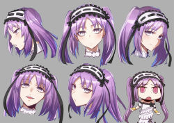 Rule 34 | 1girl, blush, breasts, chibi, closed mouth, collarbone, dress, expression chart, fate/hollow ataraxia, fate (series), frilled hairband, frills, hairband, long hair, looking at viewer, minami koyogi, multiple views, open mouth, parted bangs, parted lips, purple eyes, purple hair, riyo (lyomsnpmp) (style), shaded face, sidelocks, small breasts, smile, stheno (fate), twintails, very long hair, white dress