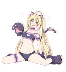 Rule 34 | 1girl, ?, @ @, ahoge, animal ears, animal hands, bandeau, blonde hair, bridal garter, cat cutout, cat ears, cat lingerie, cat paws, cat tail, choker, clothing cutout, commentary request, cosplay, counter:side, fake animal ears, fake tail, fang, frilled choker, frills, full body, gloves, highres, kjg003, korean commentary, long hair, looking at viewer, meme attire, naielle bluesteel, navel, onii-chan wa oshimai!, open mouth, oyama mahiro, oyama mahiro (cosplay), paw gloves, paw shoes, sitting, solo, spaghetti strap, spread legs, stomach, strap slip, tail, twintails, underwear, underwear only, very long hair, wariza