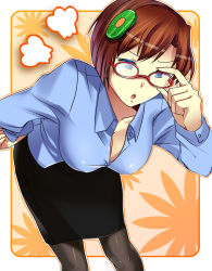Rule 34 | 1970s (style), 1girl, adjusting eyewear, alternate costume, angry, bad id, bad pixiv id, bespectacled, black pantyhose, black skirt, blue eyes, blue shirt, breasts, brown hair, chargeman ken!, cleavage, collarbone, collared shirt, downblouse, facing viewer, feet out of frame, floral background, flower, fume, fuming, glasses, hair flower, hair ornament, hairclip, hand on own hip, knack, large breasts, leaning forward, looking at viewer, matsumoto-san, matumotosan, nagisa-sensei, oldschool, open clothes, open mouth, open shirt, outline, outside border, pantyhose, pencil skirt, red-framed eyewear, retro artstyle, shirt, short hair, skirt, solo, teacher, unbuttoned, white outline