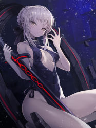 Rule 34 | 1girl, artoria pendragon (all), artoria pendragon (fate), bare arms, bare shoulders, between legs, black leotard, black one-piece swimsuit, black ribbon, blonde hair, breasts, center opening, cleavage, cleavage cutout, closed mouth, clothing cutout, debris, excalibur morgan (fate), expressionless, fate (series), goomrrat, hair ribbon, highleg, highleg leotard, highleg swimsuit, holding, holding sword, holding weapon, leotard, looking at viewer, medium breasts, one-piece swimsuit, ribbon, rock, saber alter, short hair, side-tie leotard, sidelocks, sitting, solo, swimsuit, sword, thighs, weapon, yellow eyes