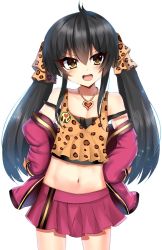 Rule 34 | 1girl, animal print, bad id, bad twitter id, bare shoulders, black hair, blush, breasts, cleavage, collarbone, groin, hair ribbon, hands on own hips, heart, heart necklace, highres, idolmaster, idolmaster cinderella girls, jacket, jewelry, leopard print, long hair, long sleeves, looking at viewer, matoba risa, midriff, miniskirt, navel, necklace, off shoulder, open mouth, pink jacket, pink skirt, ribbon, risaiziz, sidelocks, simple background, skirt, small breasts, smile, solo, standing, strap slip, tsurime, twintails, very long hair, white background, yellow eyes