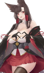 1girl :d absurdres akagi_(azur_lane) animal_ears azur_lane black_gloves black_kimono blush breasts brown_hair cleavage eyeshadow fox_ears fox_girl gloves hair_ornament hairclip hand_on_own_hip happy heart heart_hands highres hip_focus ichikushi_mojibake japanese_clothes kimono kimono_pull large_breasts long_hair looking_at_viewer makeup miniskirt no_bra open_clothes open_kimono open_mouth pleated_skirt red_eyes red_eyeshadow red_skirt sakura_empire_(emblem) single_bare_shoulder skirt smile solo thighhighs thighs very_long_hair