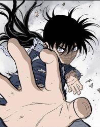 Rule 34 | 1boy, black hair, blue tunic, closed mouth, gosu, hands up, long hair, punching, ryong gang, solo, very long hair, white background, white eyes