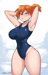 Rule 34 | 1girl, allbeatnik, armpits, arms behind head, arms up, asymmetrical hair, blue eyes, blush, breasts, cameltoe, competition swimsuit, covered navel, cowboy shot, creatures (company), curvy, female focus, game freak, gym leader, huge breasts, large breasts, legs, looking at viewer, misty (pokemon), navel, nintendo, one-piece swimsuit, open mouth, orange hair, pokemon, pokemon rgby, ponytail, pussy, short hair, side ponytail, simple background, solo, standing, sweat, swimsuit, thick thighs, thighs, twitter username, wet, wide hips