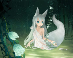 Rule 34 | 1girl, animal ears, aqua eyes, bare shoulders, blue eyes, dress, flower, fox ears, fox tail, green eyes, haruno, original, plant, see-through, silver hair, solo, submerged, tail, vines, water, wet, wet clothes