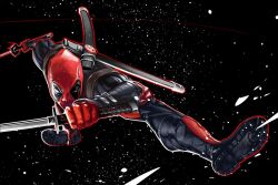 Rule 34 | 1boy, bodysuit, cofffee, deadpool, deadpool (series), full body, gloves, holding, holding sword, holding weapon, katana, looking at viewer, male focus, marvel, mask, muscular, muscular male, solo, superhero costume, sword, weapon