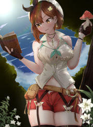 Rule 34 | 1girl, absurdres, atelier (series), atelier ryza, atelier ryza 2, bare shoulders, belt, blue sky, book, breasts, brown belt, brown eyes, brown hair, cleavage, cloud, commentary request, day, earrings, flower, forest, gloves, hair ornament, highres, holding, holding book, huge filesize, jacket, jewelry, kamilisme, key, key necklace, large breasts, leather, leather belt, leather gloves, lily (flower), mushroom, nature, necklace, partially fingerless gloves, pouch, red shorts, reisalin stout, short hair, short shorts, shorts, single sidelock, sky, sleeveless, sleeveless jacket, solo, star (symbol), star earrings, thick thighs, thigh strap, thighs, white headwear, yellow jacket