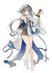 Rule 34 | 1girl, absurdres, bare legs, bare shoulders, barefoot, bell, blue eyes, breasts, detached sleeves, dress, full body, genshin impact, grey hair, guizhong (genshin impact), hair ornament, highres, holding, jewelry, long hair, long sleeves, looking at viewer, shiki fanart, simple background, sleeves past fingers, sleeves past wrists, solo, white background, white dress