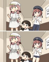Rule 34 | 3girls, akashi (kancolle), alternate costume, beret, black eyes, black hair, black pants, blue headwear, braid, brown eyes, brown hair, camera, clothes writing, commentary request, dated, dress, green eyes, hair ribbon, hallway, hamu koutarou, hat, highres, indoors, kantai collection, long hair, lying, multiple girls, on stomach, one-hour drawing challenge, pants, pink hair, ribbon, sailor hat, shirt, short hair, short shorts, shorts, sign, single braid, spot the differences, t-shirt, track pants, tress ribbon, uranami (kancolle), white dress, white headwear, white shirt, z3 max schultz (kancolle)