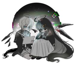 Rule 34 | 1boy, 1girl, abstract background, absurdly long hair, absurdres, aged down, arknights, arm rest, backlighting, black capelet, black eyes, black footwear, black halo, black jacket, black ribbon, black shirt, black wings, blue eyes, blunt bangs, broken halo, buttons, capelet, chinese commentary, chromatic aberration, circle, closed mouth, colored inner hair, commentary request, cousins, dark halo, detached wings, drawing tablet, dress, energy wings, executor (arknights), frilled dress, frilled shirt collar, frills, from side, full body, grey dress, grey hair, grey necktie, grey shorts, grey socks, hair between eyes, halo, hands up, highres, hime cut, holding, holding stylus, holding tablet pc, jacket, kneehighs, kneeling, knees up, long dress, long hair, long sleeves, looking at object, looking down, mole, mole under eye, multicolored hair, muted color, neck ribbon, necktie, open clothes, open jacket, outer glow, pale skin, ribbon, shade, shirt, shoes, short hair, shorts, sidelocks, simple background, sitting, socks, solo, stylus, tablet pc, two-tone hair, very long hair, virtuosa (arknights), weibo 7817919890, white background, wings
