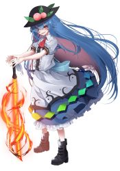 Rule 34 | 1girl, absurdres, ascot, black footwear, black hat, blue hair, blue skirt, boots, center frills, commentary request, food, frills, fruit, full body, hair between eyes, hat, highres, hinanawi tenshi, holding, holding sword, holding weapon, long hair, looking at viewer, parted lips, peach, petticoat, puffy short sleeves, puffy sleeves, red ascot, red eyes, shirt, short sleeves, simple background, skirt, smile, solo, standing, sword, sword of hisou, touhou, tsune (tune), very long hair, weapon, white background, white shirt
