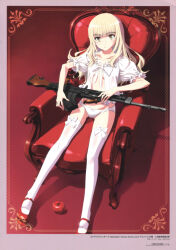 1girl apple blonde_hair blush breasts chair food from_above fruit glasses gun lingerie long_hair looking_at_viewer no_bra official_art panties parted_lips perrine_h._clostermann rifle sitting small_breasts solo strike_witches thighhighs underboob underwear weapon white_panties white_thighhighs world_witches_series yellow_eyes