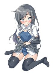 Rule 34 | 10s, 1girl, arm warmers, asashio (kancolle), bad id, bad twitter id, black hair, black skirt, black thighhighs, blue eyes, blush, closed mouth, clothes lift, collared shirt, ebifurya, full body, gluteal fold, highres, inactive account, kantai collection, lifting own clothes, long hair, looking at viewer, no shoes, off shoulder, open clothes, open shirt, pleated skirt, school swimsuit, shirt, short sleeves, sidelocks, simple background, sitting, skirt, skirt lift, solo, suspender skirt, suspenders, swimsuit, swimsuit under clothes, thighhighs, wariza, white background, white shirt