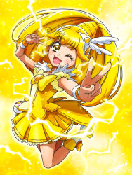 Rule 34 | 1girl, blonde hair, blush, boots, bow, choker, cure peace, double v, full body, hair flaps, highres, kise yayoi, long hair, magical girl, mayena, official style, one eye closed, open mouth, ponytail, precure, puffy short sleeves, puffy sleeves, short sleeves, skirt, smile, smile precure!, solo, tiara, v, wide ponytail, wing hair ornament, wrist cuffs, yellow bow, yellow eyes, yellow skirt, yellow theme